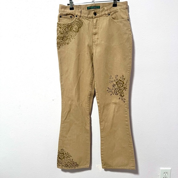 LAUREN JEANS CO women's vintage Tan Flare Jeans with gold graphic print  8 - Picture 1 of 10